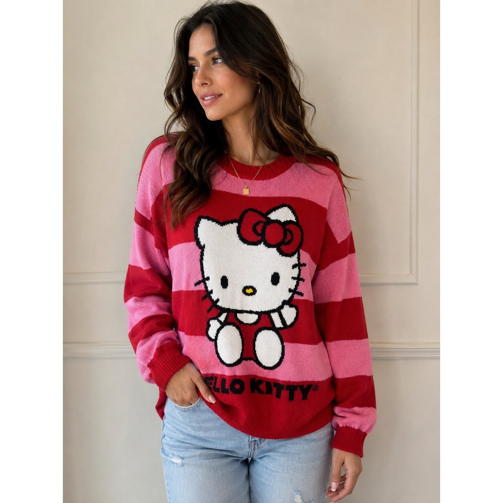 Sanrio Hello Kitty Striped Knit Sweater Red Pink Crewneck Pullover Womens Medium